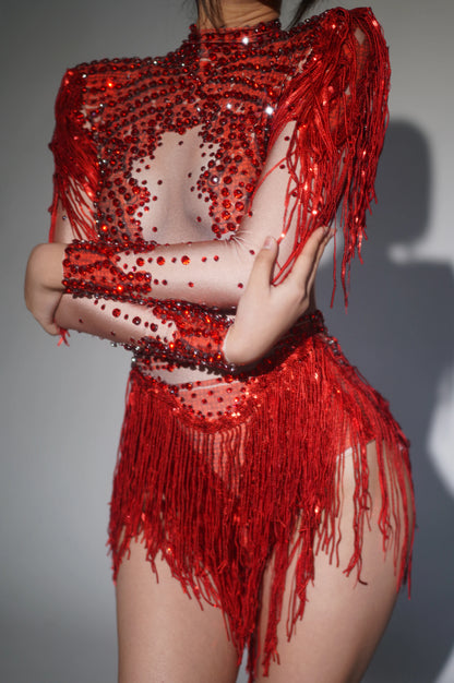 Sparkly Rhinestone Sequin Tassel Stretch Bodysuits 2025 New Arrival Women Birthday Party Nightclub Dj Stage Performance Costume
