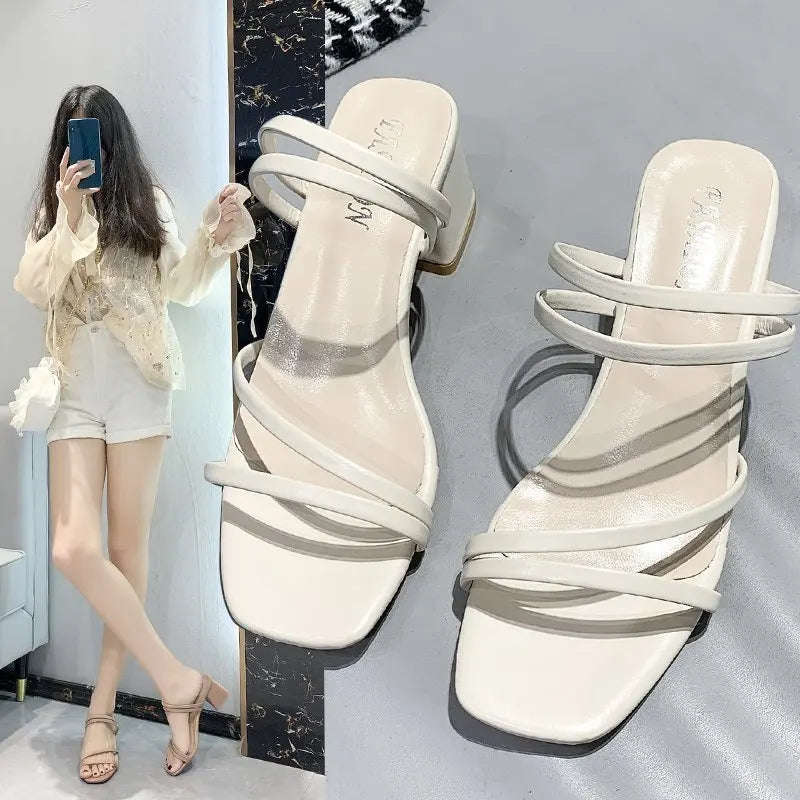Women Sandals Ladies Square Heels Elegant Summer Slippers Outside Cross Tied Leather Female Slides 2025 Fashion Woman Sandals