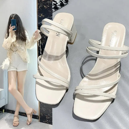 Women Sandals Ladies Square Heels Elegant Summer Slippers Outside Cross Tied Leather Female Slides 2025 Fashion Woman Sandals