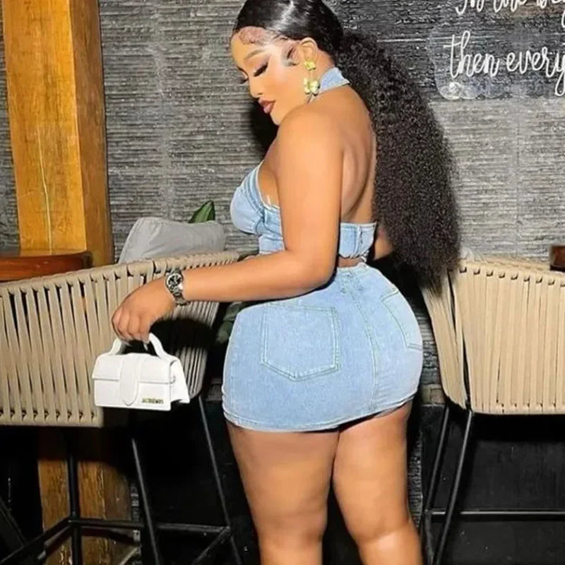 Sexy Denim Two Piece Set Women Y2K Clothes Zipper Halter Hollow Out Backless Crop Top and Mini Skirt Club Party Matching Sets