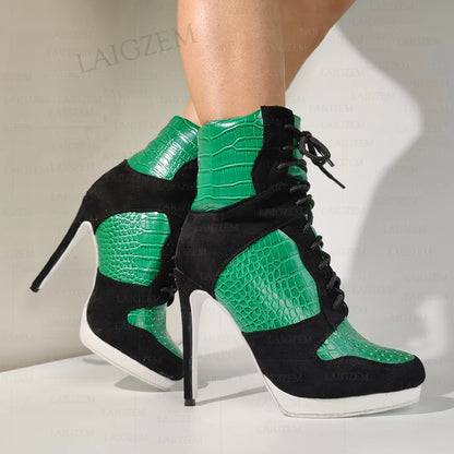 LAIGZEM Women Ankle Boots Round Toe Thin High Heels Lace Up Short Boots Patchwork Ladies Shoes Woman Big Size 38 41 43 45 52