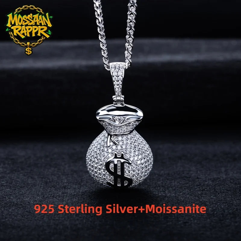 MossanRappr 2.8cttw Moissanite Bling Dollar Money Bag Pendant Hip Hop  Necklace 925 Sterling Silver Heavy Metal Jewelry for Men