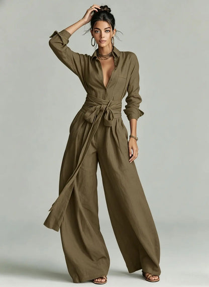 Women Brown Jumpsuit  Outfit Lapel Long Sleeve Button Shirt High Waist Belt Tie Wide Leg Pants Elegant Office Vacation Jumpsuits