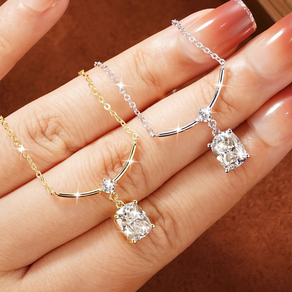 Abestecom 7x9mm Cushion Cut Moissanite Curved Smile Drop Necklace 14K Gold Plated Bridal Wedding Fine Jewelry Gift for Women
