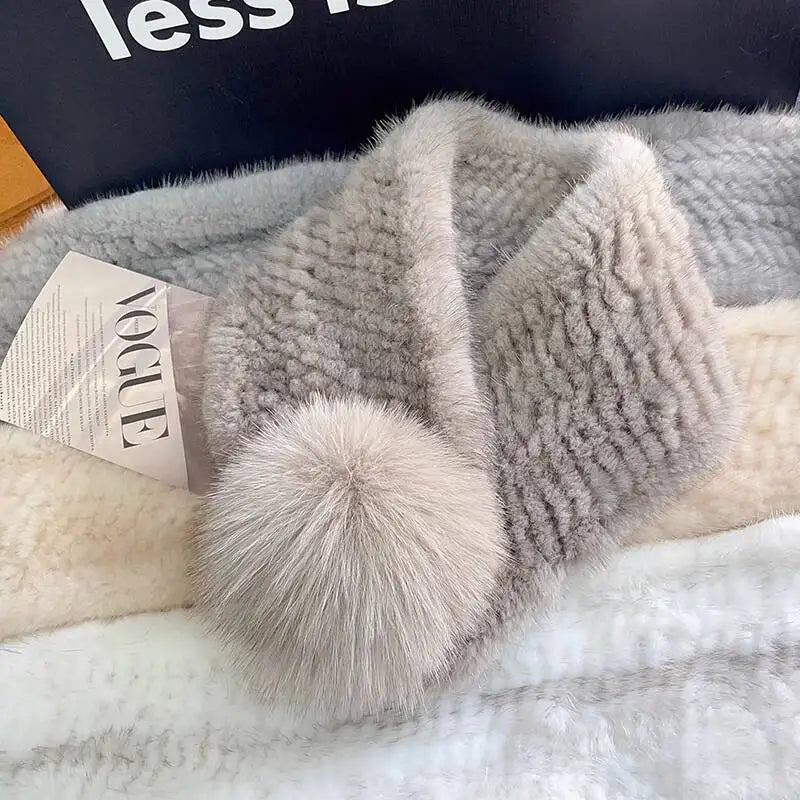 Mink Fur Scarf For Women Winter Warm Mink Fur Neck Warmer With Fox Fur Ball Double-Sided Real Fur Scarf Luxury Natural Fur Scarf