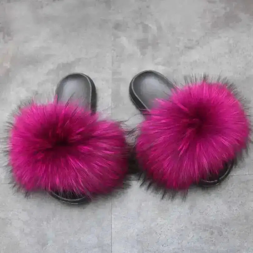 Real Raccoon Fur Slippers For Women 2026 Summer Fluffy Indoor House Fuzzy Flat Slides Outdoor Fashion Beach Sandals Flip Flops