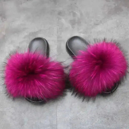 Real Raccoon Fur Slippers For Women 2026 Summer Fluffy Indoor House Fuzzy Flat Slides Outdoor Fashion Beach Sandals Flip Flops