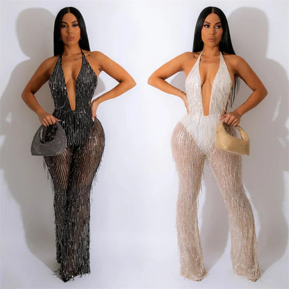 Sexy Glitter Tassel Sequin Rompers Womens Jumpsuit Nightclub Party Halter Backless Overalls Mesh Sheer Patchwork Wide Leg Romper