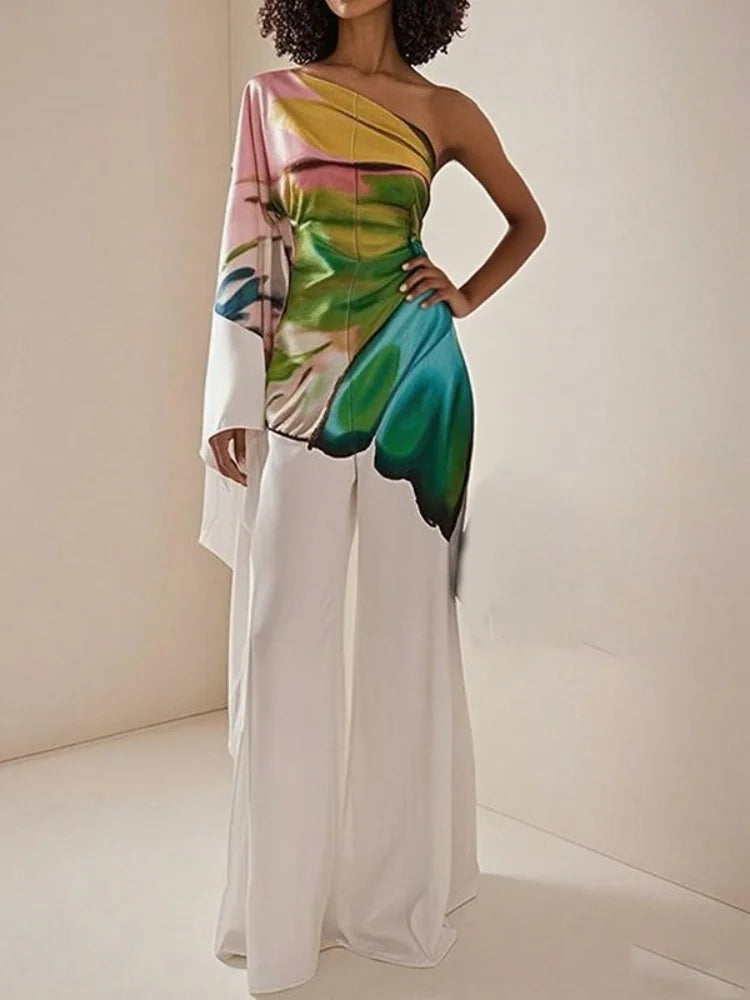 Onecozyday Women's Asymmetric One Shoulder Printed Jumpsuit 2026 Summer Elegant Loose Fit Floor length Formal One-piece Suit
