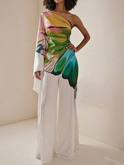 Onecozyday Women's Asymmetric One Shoulder Printed Jumpsuit 2026 Summer Elegant Loose Fit Floor length Formal One-piece Suit