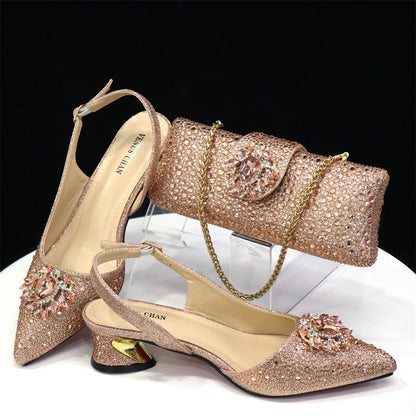 Purple 2024 Italian Design Girly Style Opend Toe Shoes And Bag Full Diamond Decoration with Appliques for Wedding Party