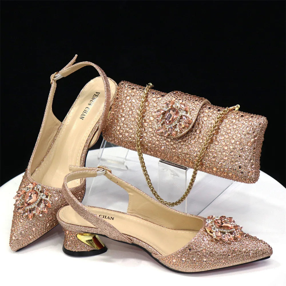 Purple 2024 Italian Design Girly Style Opend Toe Shoes And Bag Full Diamond Decoration with Appliques for Wedding Party