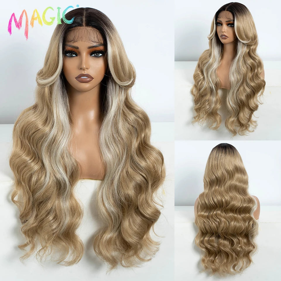 Magic Synthetic Lace Front Wigs For Women 30" Long Body Wave Lace Wig Ombre Blonde Highlight Cosplay Wigs Heat Resistant