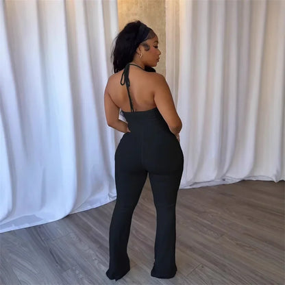 Doyerl Halter V-neck Backless One Piece Jumpsuit Women Sexy Hollow Out Sleeveless Night Club Outfits Birthday Rompers Overalls