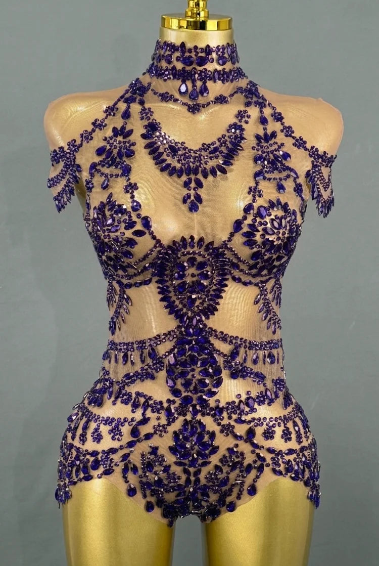 Sparkly Rhinestones Bodysuit for Women Sexy Mesh Transparent Performance Dance Costume Singer Dancer Show Stage Wear