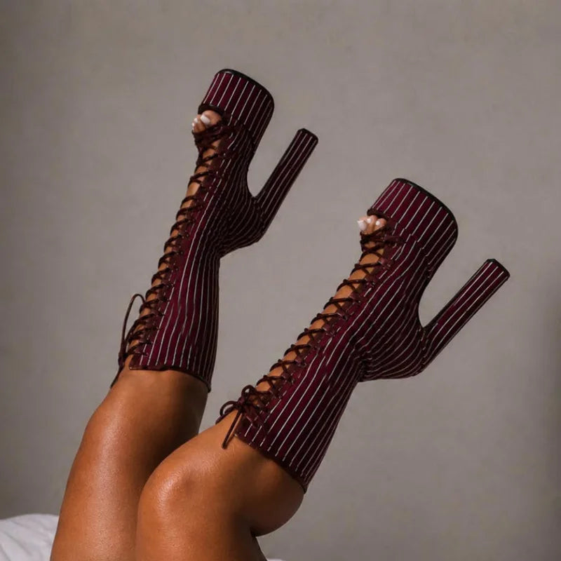 Striped Lace Up Hollow Out Platfrom Sandal Boots Sexy Round Toe Square Heel Customized New Arrivals Fashion Women Modern Shoes