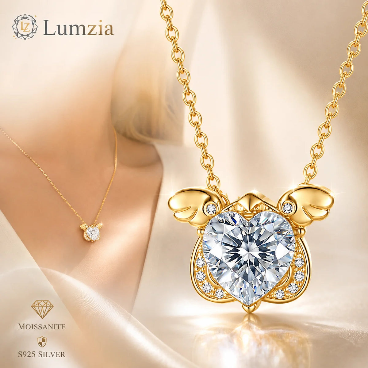 Moissanite Necklace 2CT Heart Stone S925 Sterling Silver Wing Pendant 45+5cm Chain for Women GRA Certified Moissanite