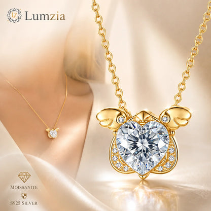 Moissanite Necklace 2CT Heart Stone S925 Sterling Silver Wing Pendant 45+5cm Chain for Women GRA Certified Moissanite
