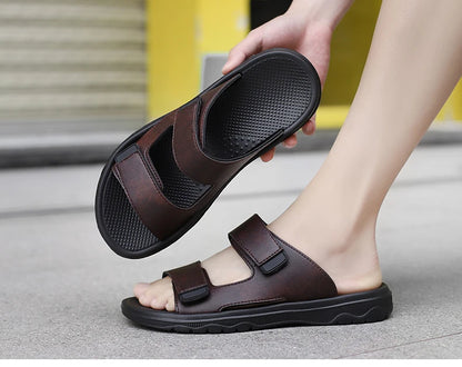 Mens Leather Slippers Comfortable Breathable Summer Big Size Sandals for Men with Soft Sole