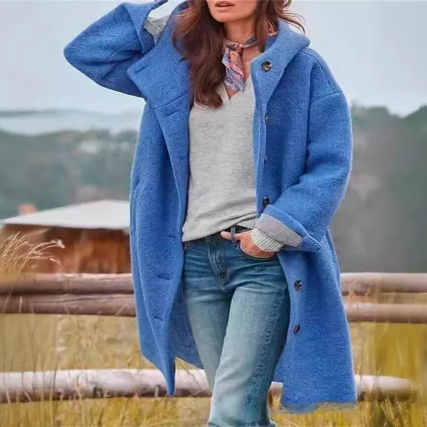 Manteaux Femme Winter Warm Woolen Coat Solid Color Manteau Femme Hooded Fashion Womans Clothing Single-breasted Hooded Long Coat