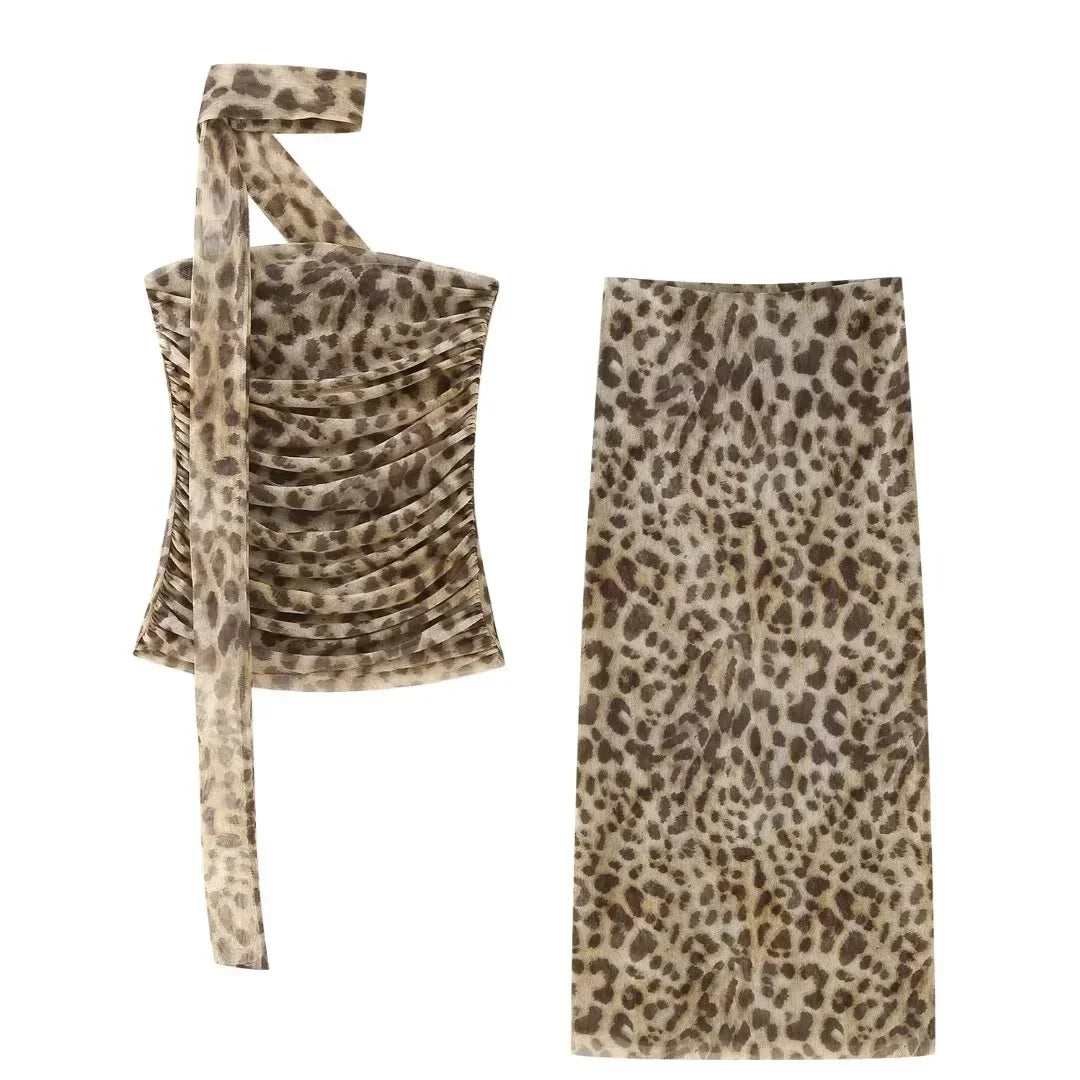 HH Women Leopard Print 2 Piece Outfit Midi Skirt Suit Sexy Summer Backless Strapless Crop Top Fashion Elegant Beach Party Sets
