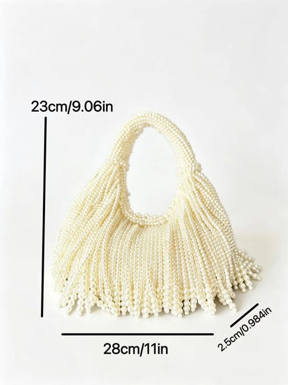 Luxury Handmade Faux Pearl Beaded Evening Clutch, Vintage Fringe Detail Shoulder Bag, Elegant Party Wedding Handbag for Women
