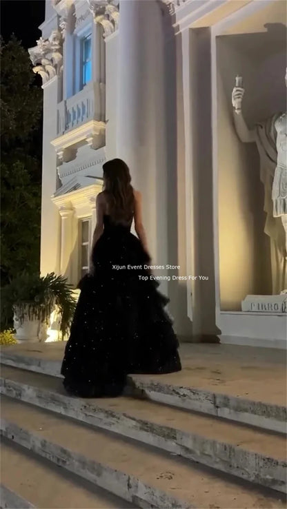Xijun Glitter Black Long Evening Dresses Sleeveless Princess Tiered Ball Gowns Formal Occasion Graduation Party Dress For Teens