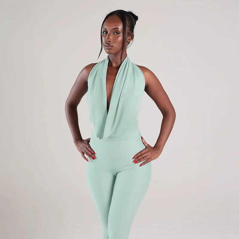 Summer Fashion New Women Sexy Jumpsuit Plunge Halterneck Backless Lace-up Solid Color Ruched One Piece Romper Capri Jumpsuits