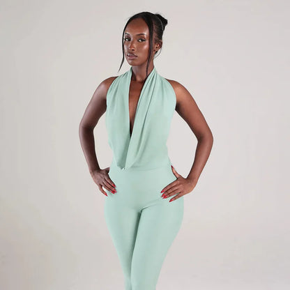 Summer Fashion New Women Sexy Jumpsuit Plunge Halterneck Backless Lace-up Solid Color Ruched One Piece Romper Capri Jumpsuits