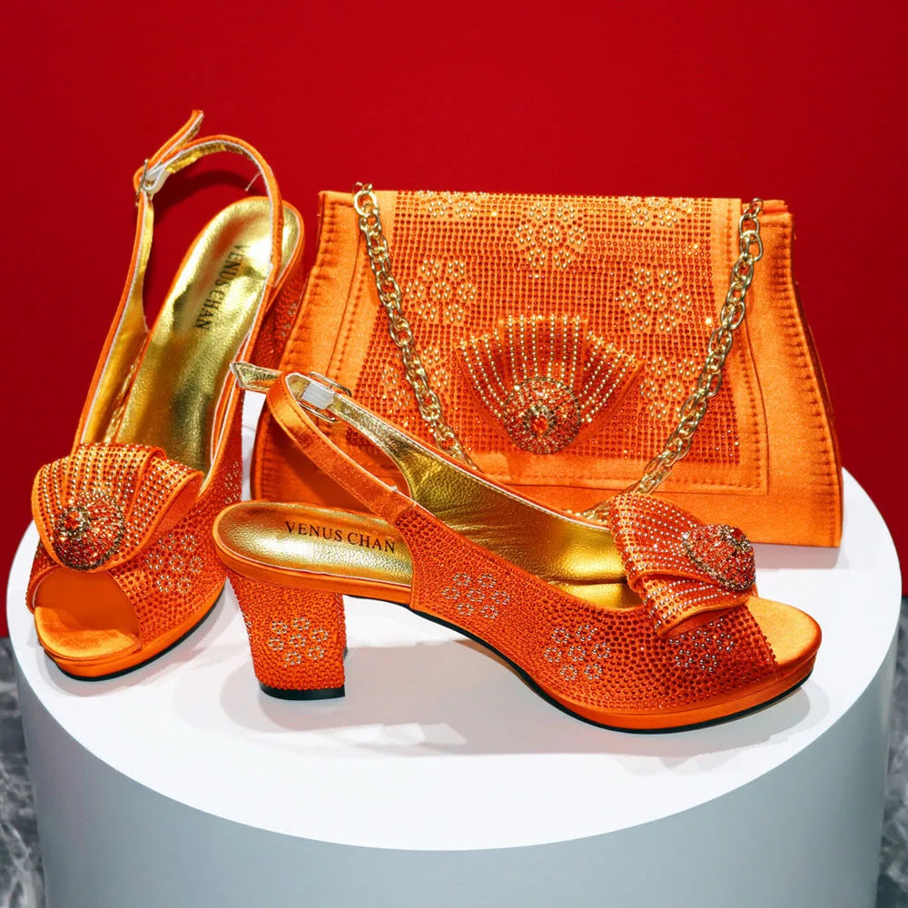 Mature Sweet Spot Good Arrival Peach Color Square Heels Peep Toe Shoes Matching Bag Set For Nigerian Women Wedding Party Pump