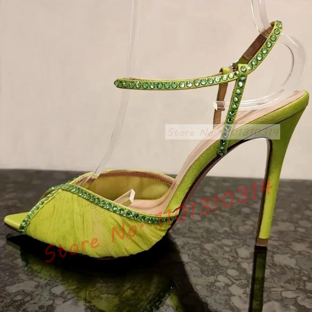 Peep Toe Tulle Sandals Stiletto High Heels Women Luxury Crystals Trim Pleated Mesh Shoes Summer Ladies Graceful Evening Shoes