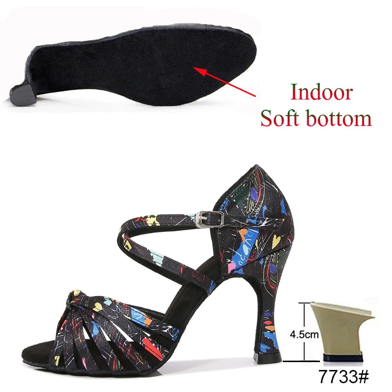 Latin Dance Shoes Women's Flower Satin Salsa Tango Ballroom Party High Heel Women's Shoes Summer Dance Sneakers Outdoor Sandals