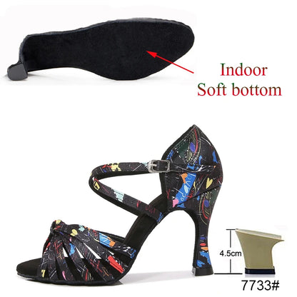Latin Dance Shoes Women's Flower Satin Salsa Tango Ballroom Party High Heel Women's Shoes Summer Dance Sneakers Outdoor Sandals