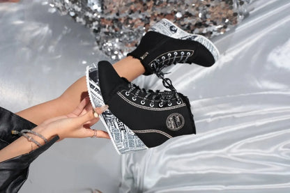 Women's Wedge Sneakers High Top Round Toe Denim-Look Lace-Up Side Zipper Letter Print Detail Casual Platform Ankle Boots 2026