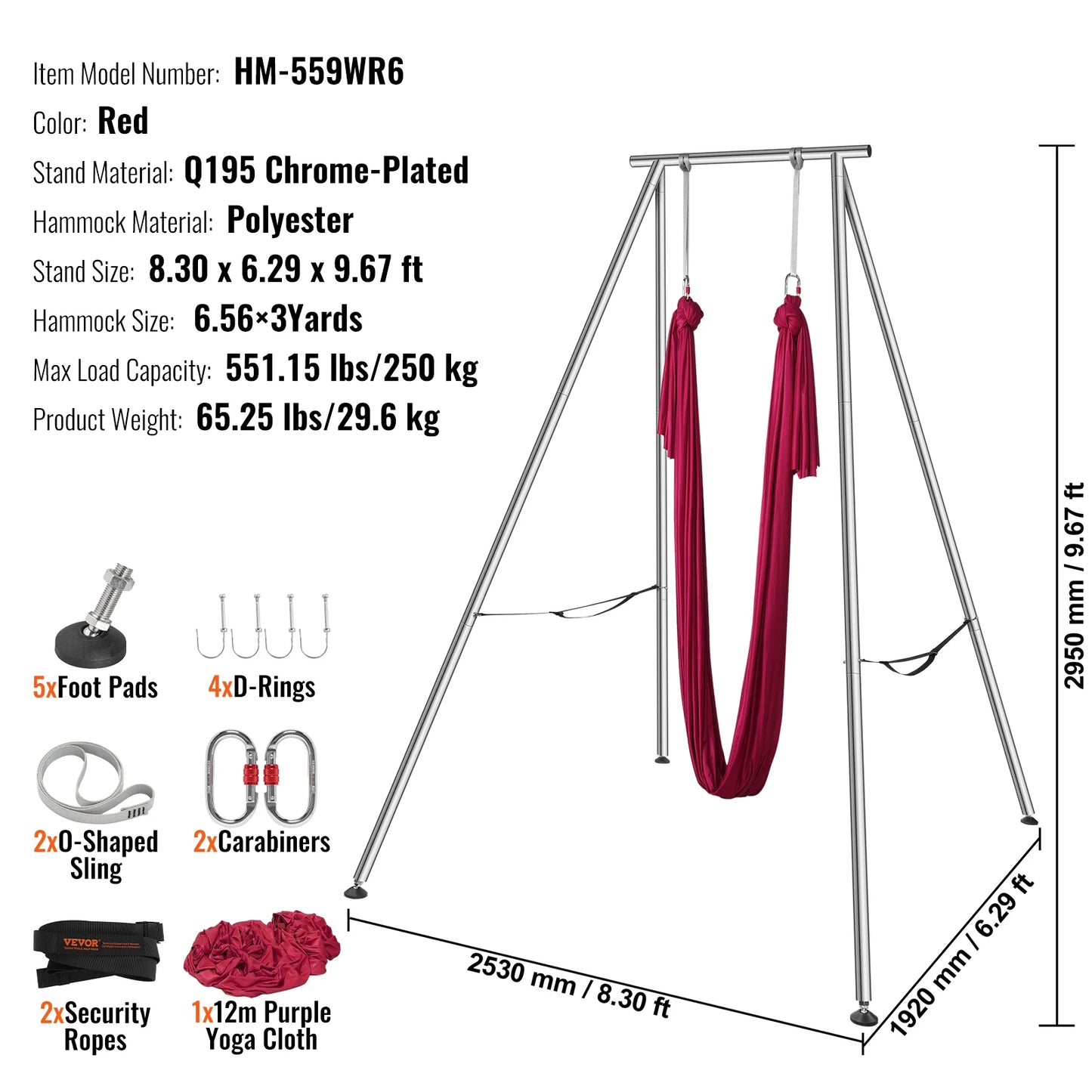 SucceBuy Aerial Yoga Frame&Hammock 9.67FT Professional Yoga Swing Stand with 6.6 Yards Aerial Silks Max 551lbs Indoor Aerial Rig