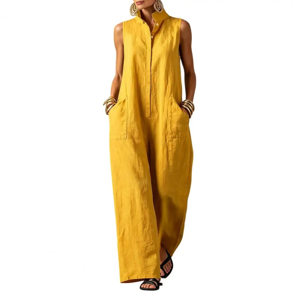 Elegant Women's Sleeveless Linen Blend Jumpsuit Button Down Collared Romper Casual Loose Summer Beach Vacation Boho Jumpsuits
