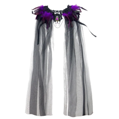Black Halloween Feather Cloak Elegant Mesh Fringe Hollow Lace Mesh Cape Fur Collar Flowing Festival Costume Cape Gothic Carnival