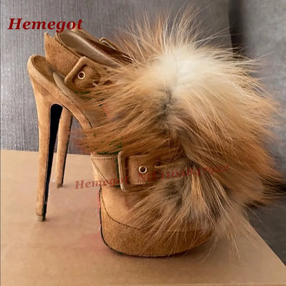 Fluffy Fur Platform Buckled Sandals Round Toe Stiletto High Heels Slingback Women's Sandals Side Air Autumn Suede Patchwork Shoe