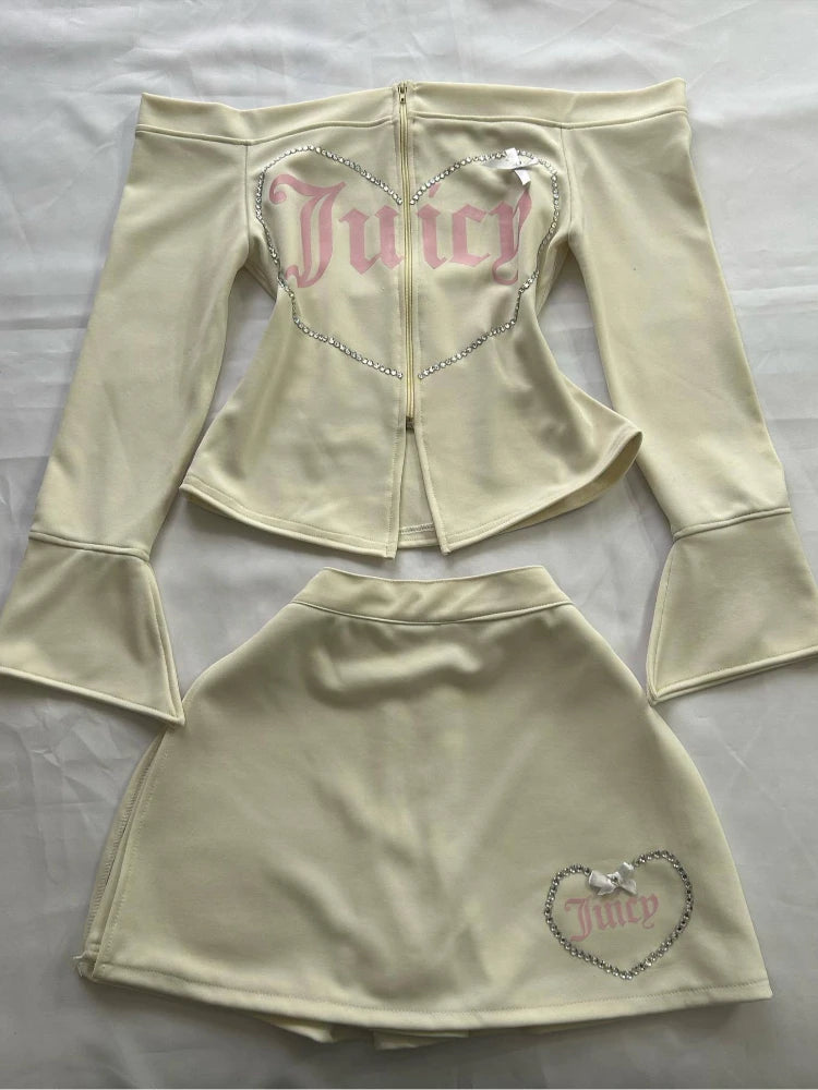 Y2K Pink High Waist Mini Skirt with Rhinestone Heart Juicy Logo Bow Soft Velour A-line Preppy Kawaii Streetwear for Women