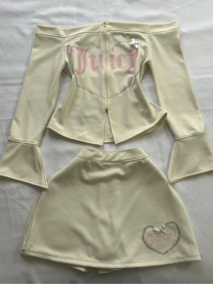 Y2K Pink High Waist Mini Skirt with Rhinestone Heart Juicy Logo Bow Soft Velour A-line Preppy Kawaii Streetwear for Women