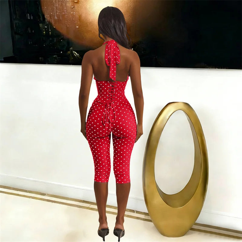 Doyerl Polka Dot One Piece Jumpsuits for Woman Club Outfits Halter V-neck Backless Lace-up Bandage Corset Bodycon Romper Mono