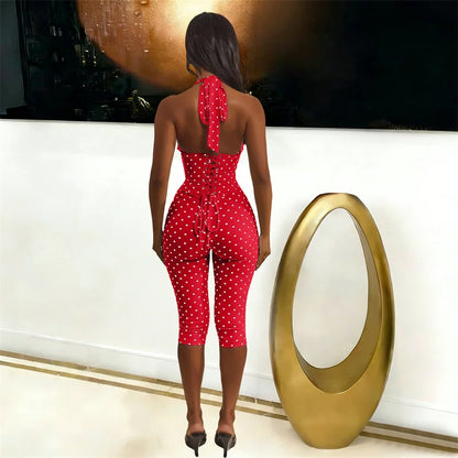 Doyerl Polka Dot One Piece Jumpsuits for Woman Club Outfits Halter V-neck Backless Lace-up Bandage Corset Bodycon Romper Mono