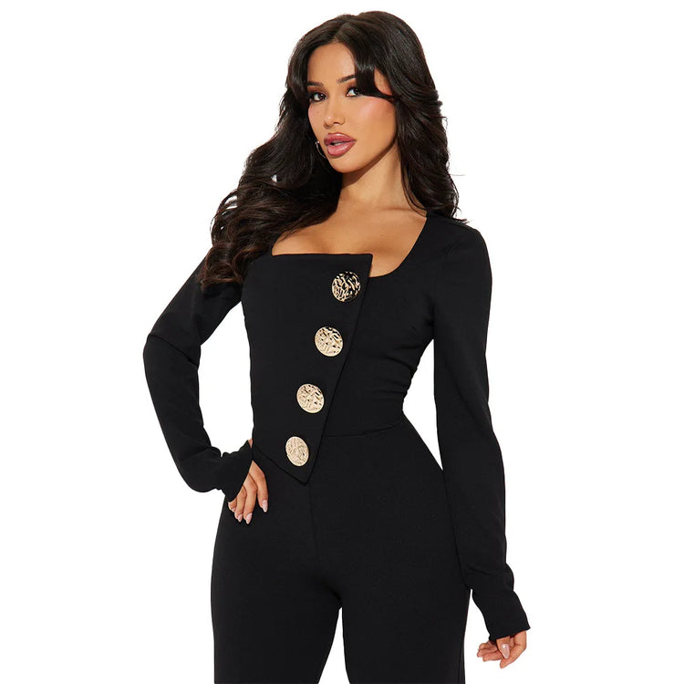 CM.YAYA Elegant Button Long Sleeve Irregular Girl Jumpsuits 2025 Spring Women's Overalls Outfits Night Club Streetwear One Piece