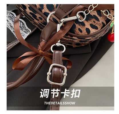Vintage Leopard Pu Shoulder Bags for Women Portable Trendy Ladies Crossbody Bag Lace Pearl Pendant Female Bowling Handbags