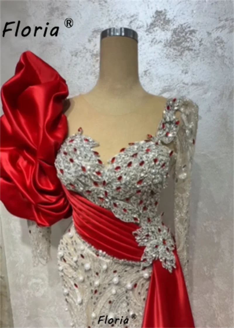 Dubai Red Wedding Dress with Tail Pearl Crystals Beads Mermaid Bridal Gown Puffy Sleeve Formal Party Customized Vestidos noche