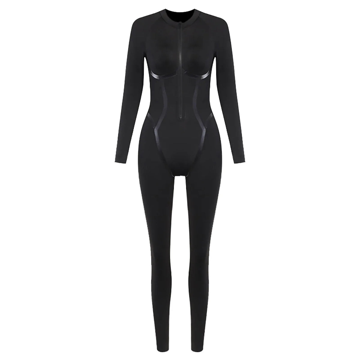 Women Black Jumpsuits Sexy Long Sleeve Deep V-Neck Zip Up Tight Playsuit Streetwear Hot Girls Y2k Jogger Sportwear Bodysuits