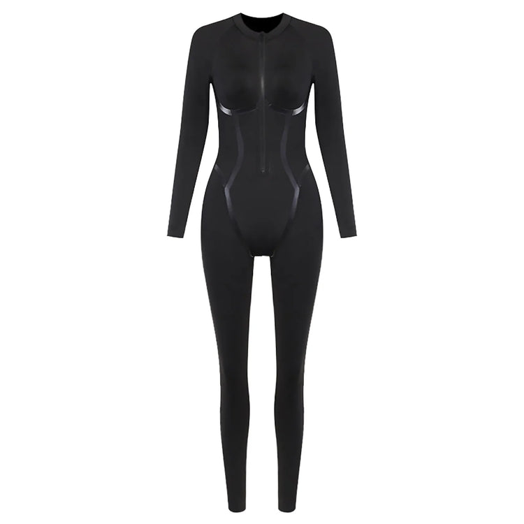 Women Black Jumpsuits Sexy Long Sleeve Deep V-Neck Zip Up Tight Playsuit Streetwear Hot Girls Y2k Jogger Sportwear Bodysuits