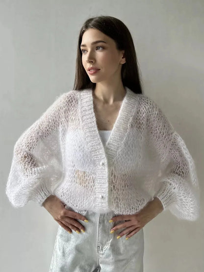 Women Knitting Cardigan 2026 New Women Mohair Knit Cardigan Hollow Out Sheer Long Sleeve Casual Knitted Outerwear Sweater