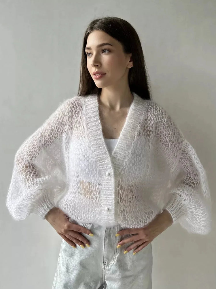 Women Knitting Cardigan 2026 New Women Mohair Knit Cardigan Hollow Out Sheer Long Sleeve Casual Knitted Outerwear Sweater