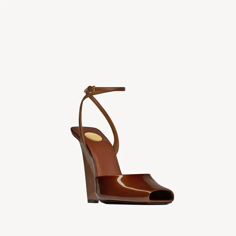 Ankle Strap Patent Leather Peep Toe Summer Women Sandals Wedges High Heel Buckle Strap Design Large Size Fashion Show Shoes